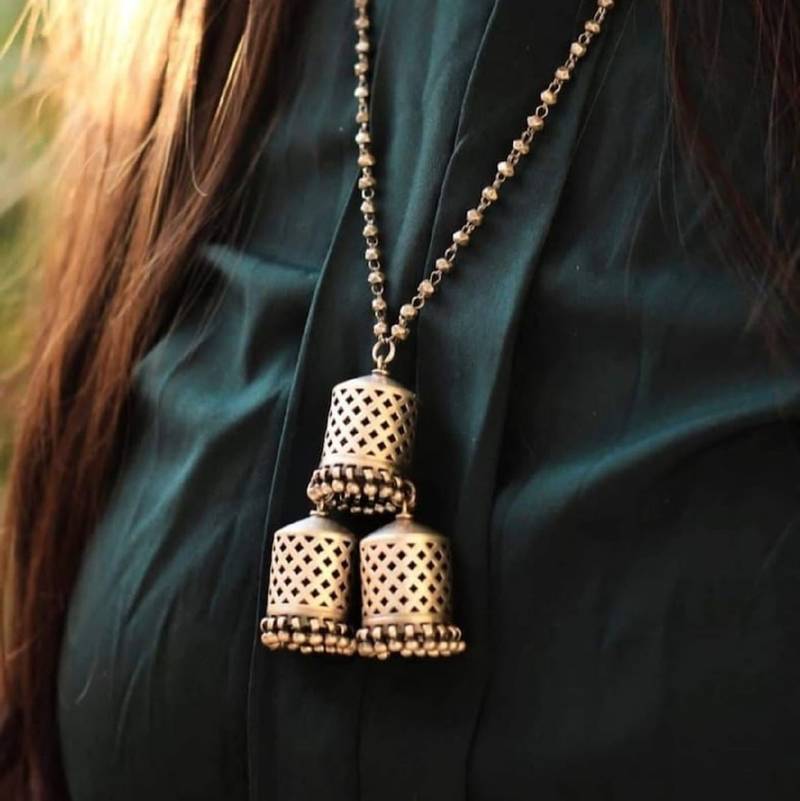 Silver plated ghungroo chain necklace set oxidized jewelry set german silver indian necklace set for women