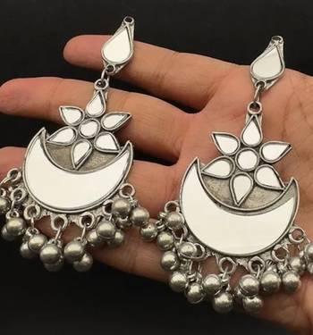 Ethnic indian mirror earrings silver plated black polish glass earrings german silver look alike jewelry 2