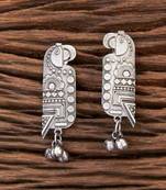 Ethnic parrot theme ghungroo stud earrings: handmade german silver plated earrings for women
