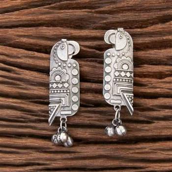 Ethnic parrot theme ghungroo stud earrings: handmade german silver plated earrings for women 2