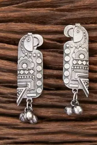 Ethnic parrot theme ghungroo stud earrings: handmade german silver plated earrings for women