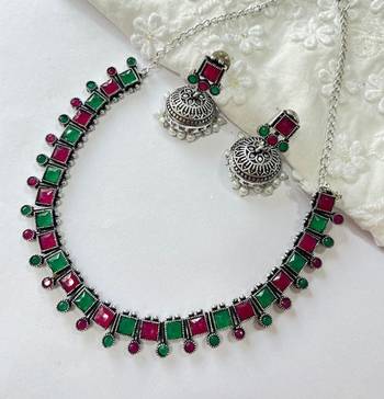 Indian oxidized necklace jewelry set with matching color earrings ethnic german silver jewelry se 2