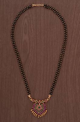 Black beads SHORT mangalsutra with ruby pendant one gram gold 2
