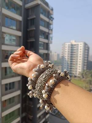 Oxidised indian silver hand bracelet set, antique kada bangle set with designer german silver plated 1