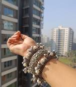 Oxidised indian silver hand bracelet set, antique kada bangle set with designer german silver plated