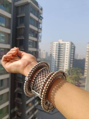 Oxidised indian silver hand bracelet set, antique kada bangle set with designer german silver plated 2