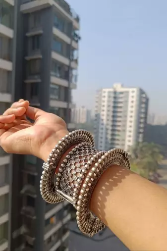 Oxidised indian silver hand bracelet set, antique kada bangle set with designer german silver plated