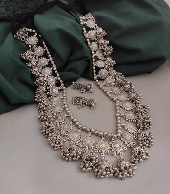 Handmade silver plated indian long ghungroo jhumka necklace set for women 1