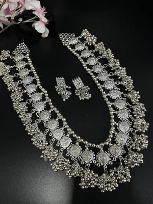 Handmade silver plated indian long ghungroo jhumka necklace set for women 2