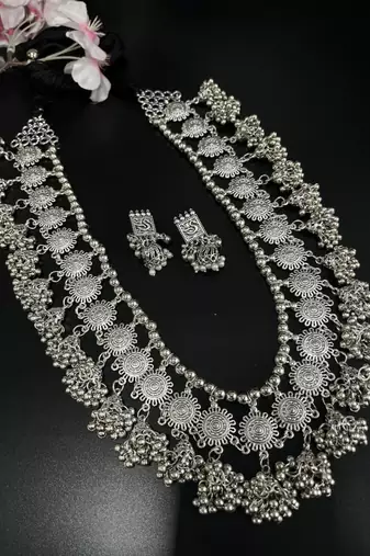 Handmade silver plated indian long ghungroo jhumka necklace set for women