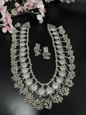 Handmade silver plated indian long ghungroo jhumka necklace set for women 3