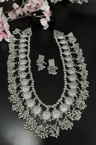 Handmade silver plated indian long ghungroo jhumka necklace set for women