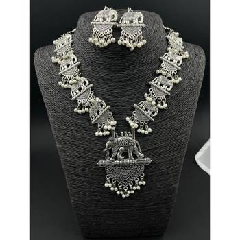 Elephant necklace oxidised silver set for women, gifts for her, anniversary bollywood jewellery, boho tribal jewellery 1