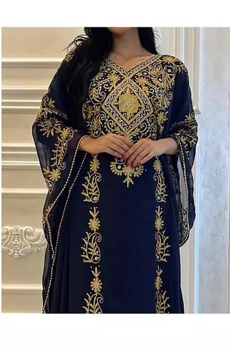 Navy Blue Georgette Aari Work Wedding Kaftan