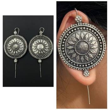 Trendy oxidized silver plated handmade designed pin bugadi indian german silver antique style pin bugadi earrings 2