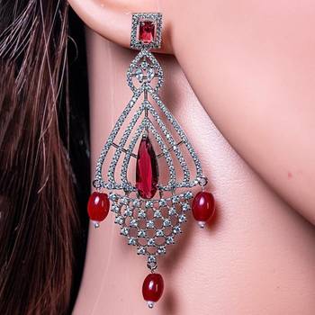 Silver polish crystal stone earrings with ruby stone, american diamond silver tone drop shape earrings 2