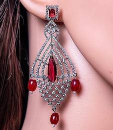 Silver polish crystal stone earrings with ruby stone, american diamond silver tone drop shape earrings