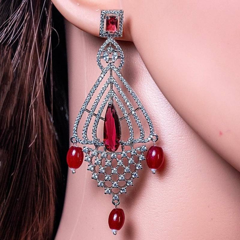 Silver polish crystal stone earrings with ruby stone, american diamond silver tone drop shape earrings