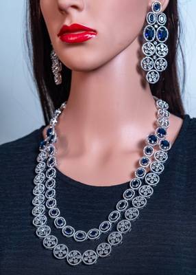 Two layered sapphire blue american diamond silver bridal necklace cz long necklace indian jewelry 1