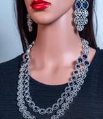 Two layered sapphire blue american diamond silver bridal necklace cz long necklace indian jewelry