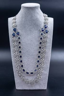 Two layered sapphire blue american diamond silver bridal necklace cz long necklace indian jewelry 2