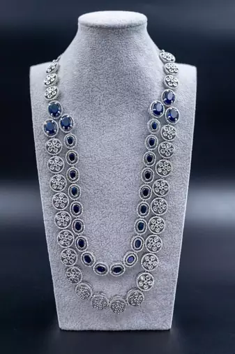 Two layered sapphire blue american diamond silver bridal necklace cz long necklace indian jewelry