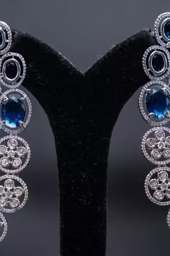 Two layered sapphire blue american diamond silver bridal necklace cz long necklace indian jewelry