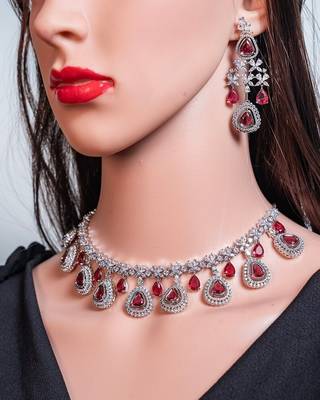 Ruby red cz diamond necklace with earrings and ring american diamond necklace 1