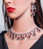 Ruby red cz diamond necklace with earrings and ring american diamond necklace