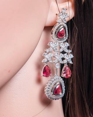 Ruby red cz diamond necklace with earrings and ring american diamond necklace 2