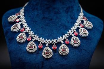 Ruby red cz diamond necklace with earrings and ring american diamond necklace 3