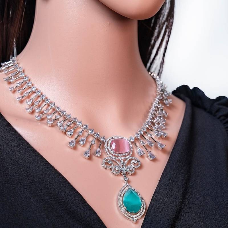 American diamond choker necklace set with earring combo cz stone