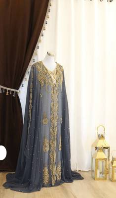 Grand Grey & White Layered Kaftan with Silver Zari Work | Luxury Event Dress 1