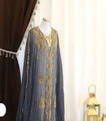 Grand Grey & White Layered Kaftan with Silver Zari Work | Luxury Event Dress