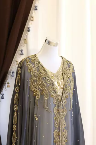 Grand Grey & White Layered Kaftan with Silver Zari Work | Luxury Event Dress