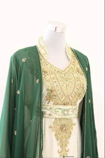 Green & White Handcrafted Zari work Stitched Dress Georgette Kaftan Party Wear Wedding Dresses