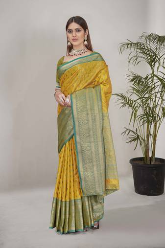 Yellow kanchipuram pattu silk traditional contrast zari woven saree