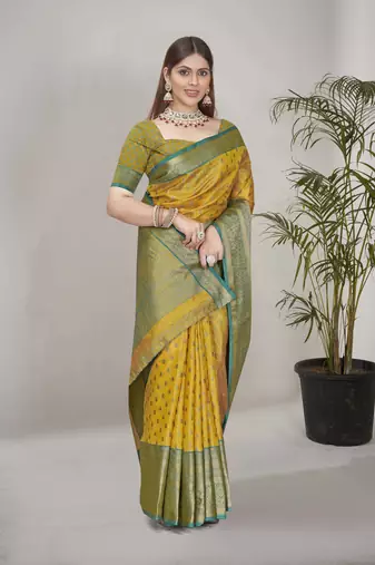Yellow kanchipuram pattu silk traditional contrast zari woven saree