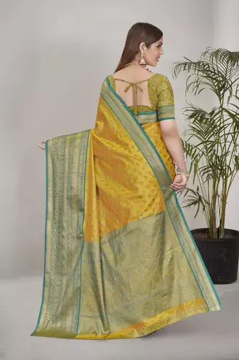 Yellow kanchipuram pattu silk traditional contrast zari woven saree