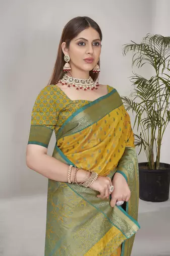 Yellow kanchipuram pattu silk traditional contrast zari woven saree
