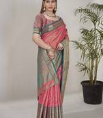 Peach kanchipuram pattu silk traditional contrast zari woven saree