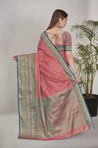 Peach kanchipuram pattu silk traditional contrast zari woven saree