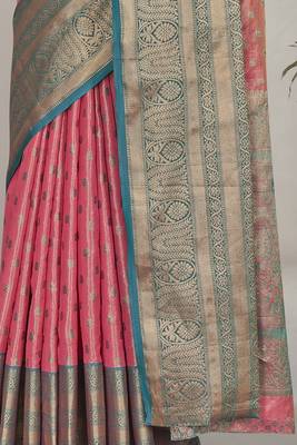 Peach kanchipuram pattu silk traditional contrast zari woven saree 4