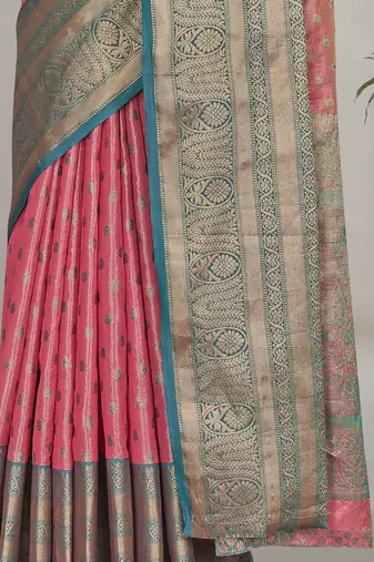 Peach kanchipuram pattu silk traditional contrast zari woven saree