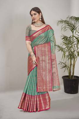 Sea green kanchipuram pattu silk traditional contrast zari woven saree 1