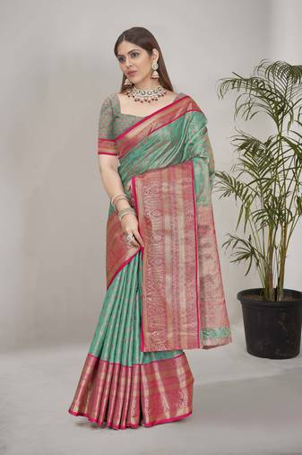 Sea green kanchipuram pattu silk traditional contrast zari woven saree