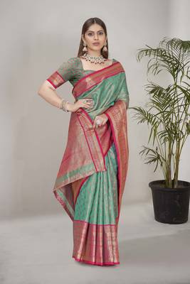 Sea green kanchipuram pattu silk traditional contrast zari woven saree 2