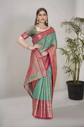 Sea green kanchipuram pattu silk traditional contrast zari woven saree