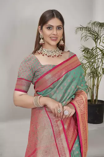 Sea green kanchipuram pattu silk traditional contrast zari woven saree