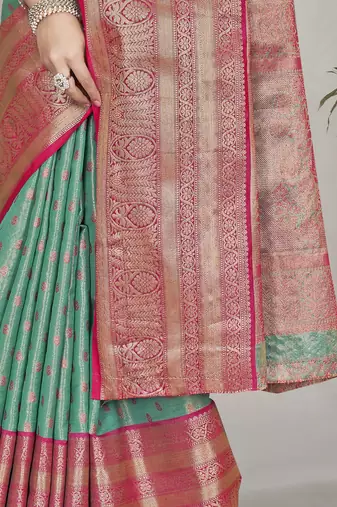 Sea green kanchipuram pattu silk traditional contrast zari woven saree